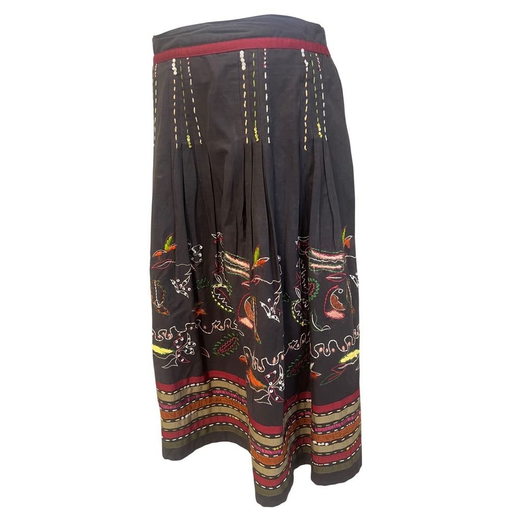 Mix Nouveau Embroidered Midi Skirt Womens Sz 8 Black Boho Pleated A-Line Sequin